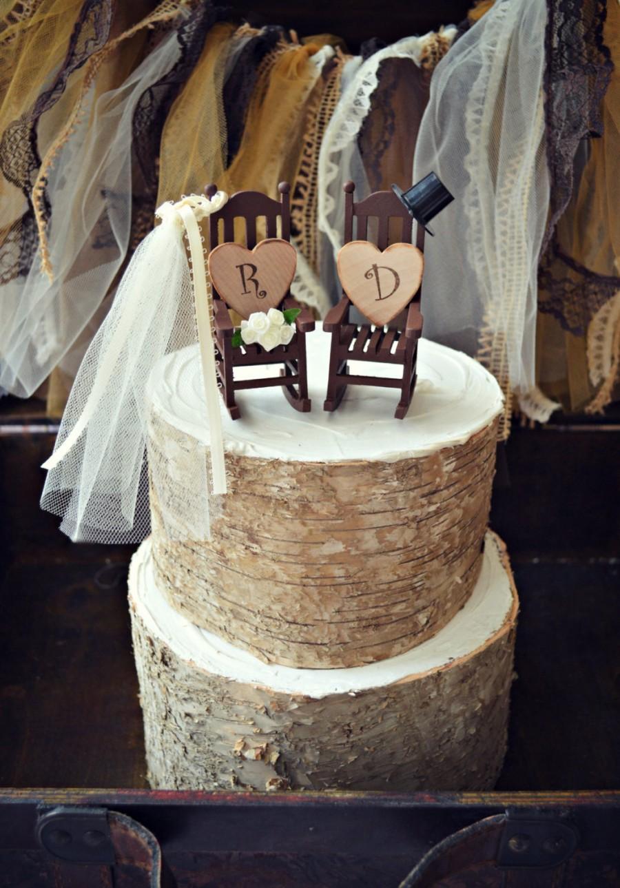 Свадьба - Chair-western-rocking chair-country-wedding-cake topper-rustic-anniversary-bride-groom-initials-wedding sign-ivory veil-miniature-hunting