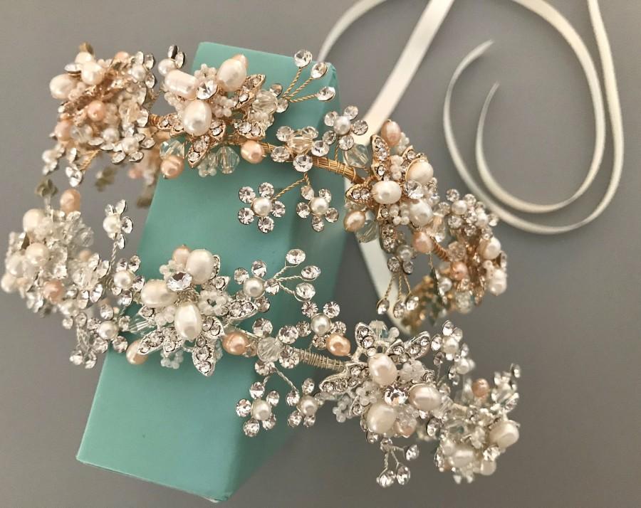 Mariage - Freshwater Pearl & Crystal Bridal Hair Vine Headpiece / Blush Champagne Ivory / Swarovski Crystal /  Wedding Crown / Crystal Headband / Halo