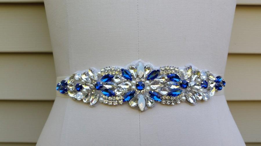 Hochzeit - Something Blue Wedding Belt, Bridal Belt, Sash Belt, Clear & Blue Crystal Rhinestones  - Style B200999BL