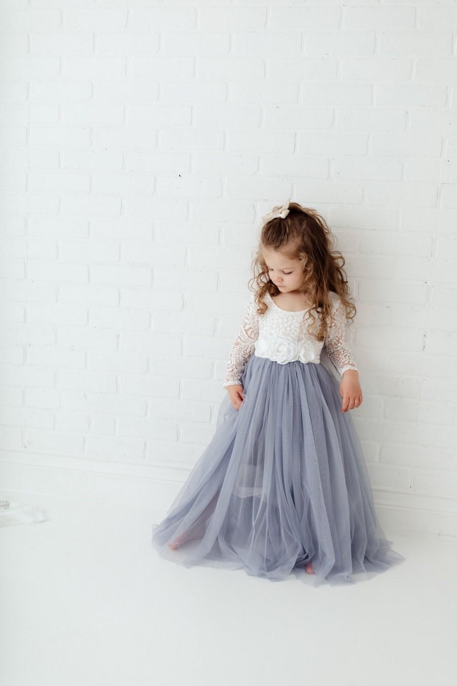 Mariage - Dusty Blue Flower Girl Dress, Romantic White Lace Girls Dresses, Long Sleeve Wedding Dress, Gray Dress