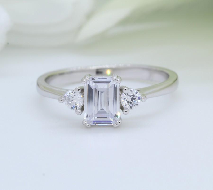 Hochzeit - 3 Stone Vintage Art Deco Emerald Cut Wedding Engagement Ring 1.20 Carat Round Diamond CZ Solid 925 Sterling Silver Bridal  Three Stone