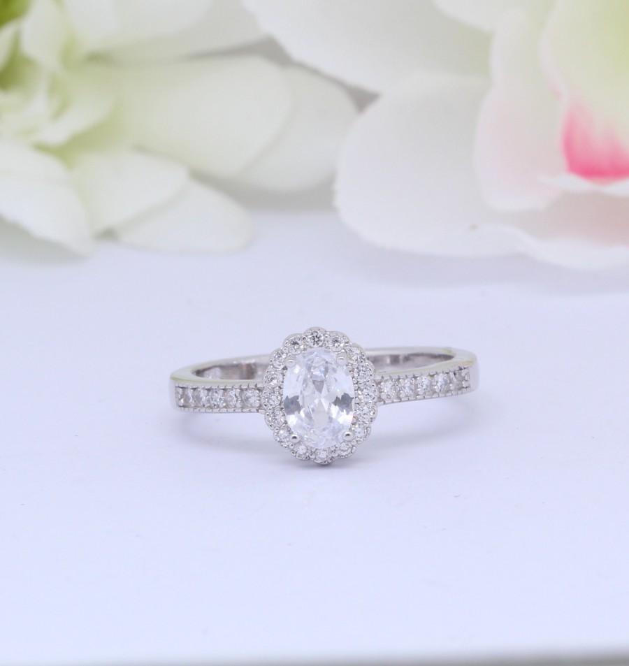Mariage - 1.21 Carat Oval Wedding Engagement Floral Art Deco Vintage Ring Bridal Promise Round Diamond CZ Solid 925 Sterling Silver
