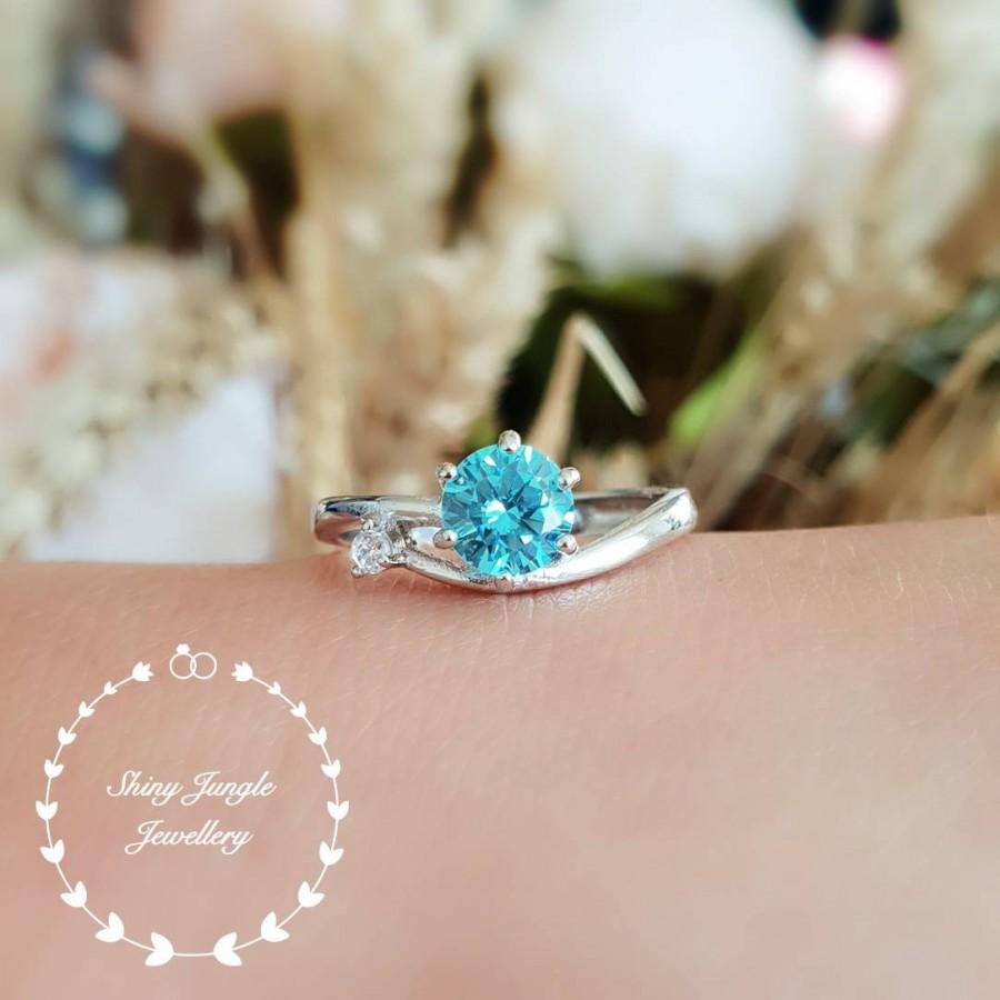 Hochzeit - Dainty Swiss blue topaz ring, round lab blue topaz engagement ring, white gold plated sterling silver, blue gemstone ring, aquamarine ring