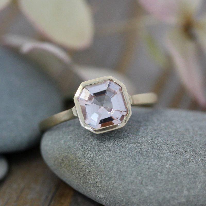 Hochzeit - Morganite Gemstone Ring, Asscher Cut Morganite in 14k yellow Gold, Engagement  Ring or Right Hand Ring, Made To Order