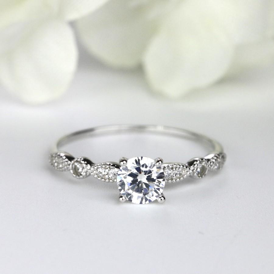 Hochzeit - Round Cut Sterling Silver Engagement Ring with Milgrain Detailing Promise Ring