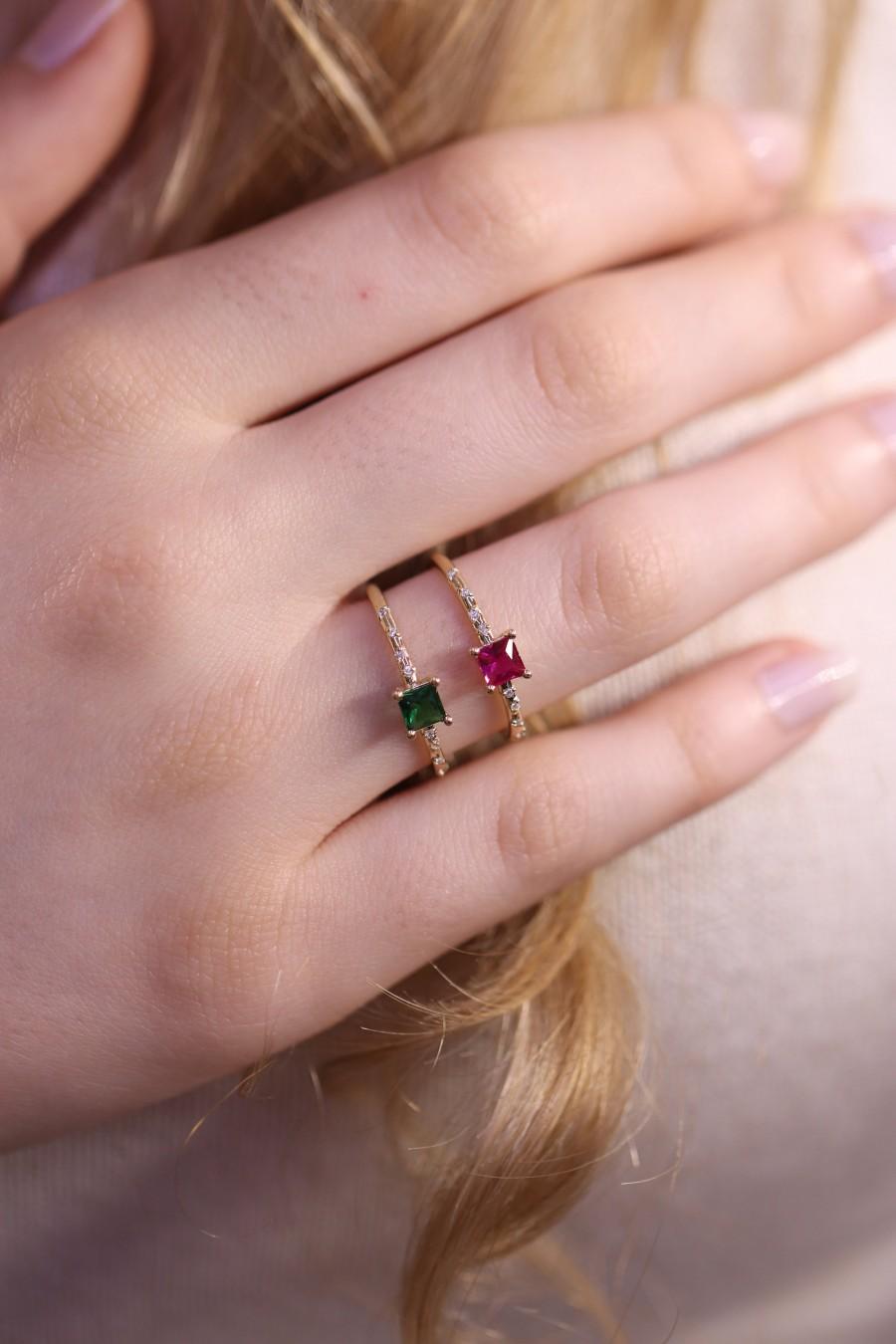 زفاف - 14k & 18k Natural Ruby or Emerald Ring  / Genuine Ruby or Emerald Ring Available in Gold, Rose Gold and White Gold / July or May Birthstone