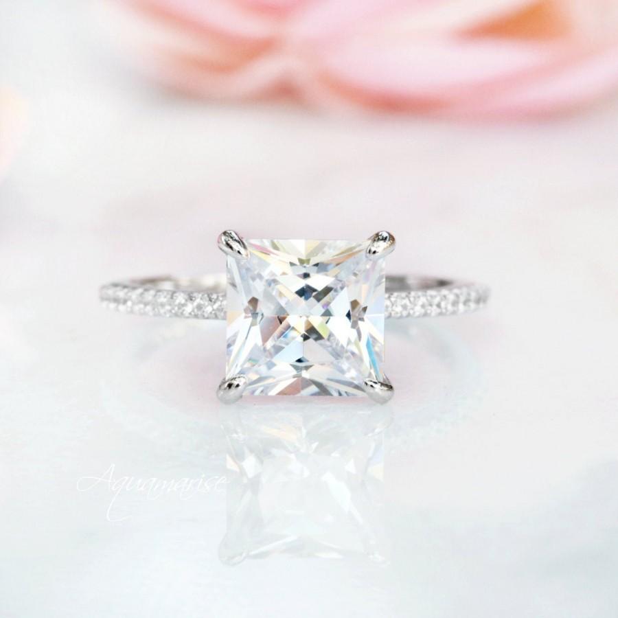 Hochzeit - Princess Cut Diamond Ring- Sterling Silver Ring- Engagement Ring- Promise Ring- 3ct Simulated Diamond Ring- Anniversary Gift- Gift For Her