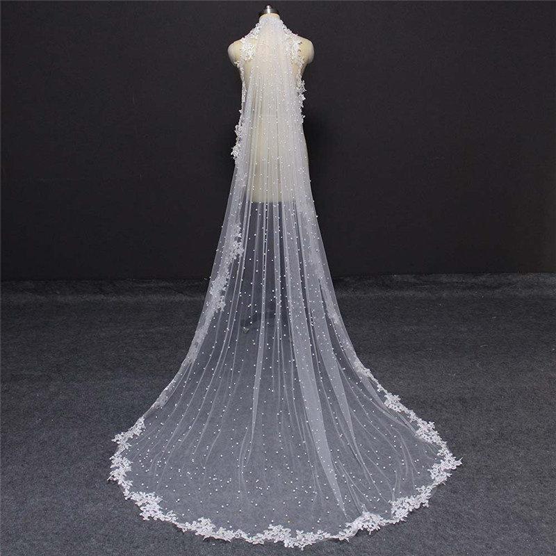 Wedding - Beautiful Lace & Pearl Veil Chapel Length in Ivory Tulle IANTHE