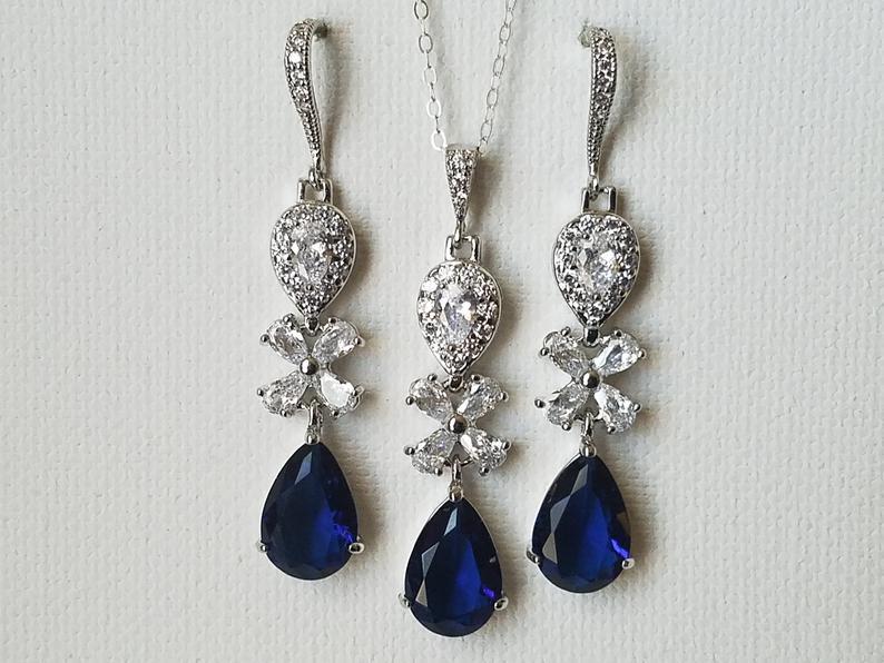 Wedding - Navy Blue Crystal Wedding Jewelry Set, Sapphire Teardrop Chandelier Earrings, Blue Crystal Pendant, Navy Cubic Zirconia Bridal Jewelry Set
