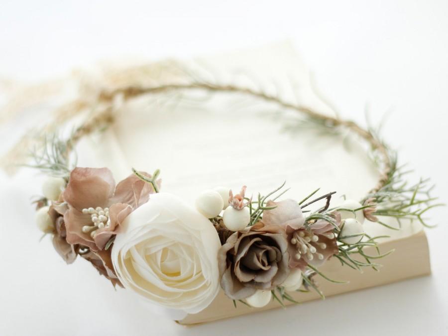 Wedding - Ivory flower crown wedding, brown floral wreath bridal, peony flower headband, cream flower wedding crown