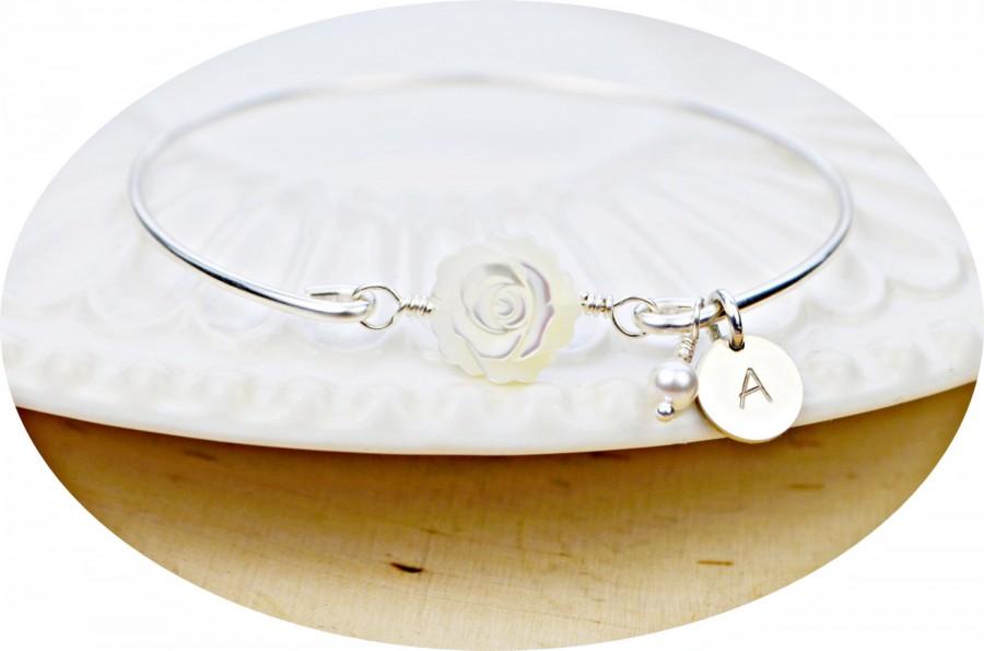 Свадьба - White Mother of Pearl Rose Bangle Bracelet-  Initial, Birthstone, Personalized Charm Sterling Silver Filled Wire Wrap Bracelet- Made to Size