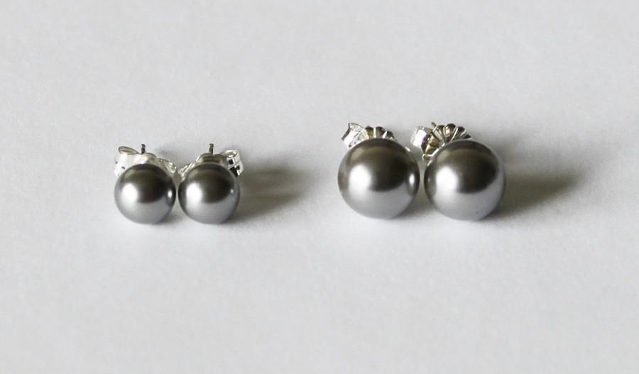 زفاف - 6mm, 8mm Gray Swarovski pearl stud earrings - Sterling Silver- Dark gray pearl studs- Grey bridesmaid earrings- Light gray pearl earrings