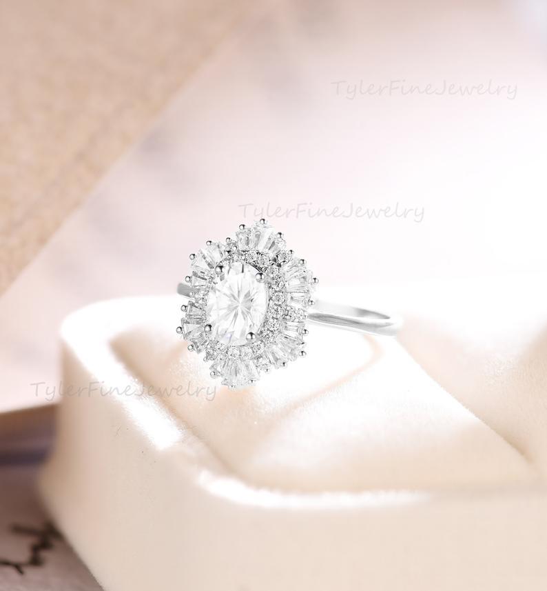 Hochzeit - White Sapphire Engagement Ring Vintage Oval engagement ring halo Antique wedding Unique Anniversary Bridal Baguette Diamond/CZ White gold