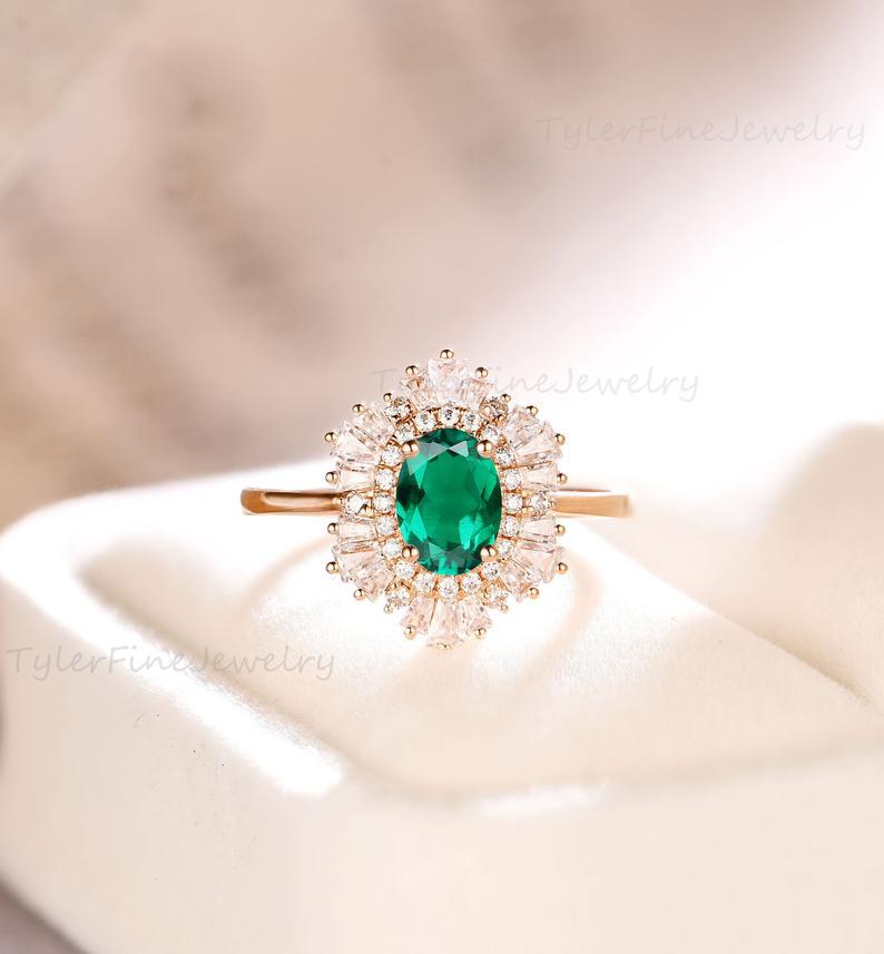 Hochzeit - Lab Emerald Halo Engagement Ring Vintage Oval engagement ring rose gold Antique Unique Anniversary ring Baguette Diamond/CZ Accents