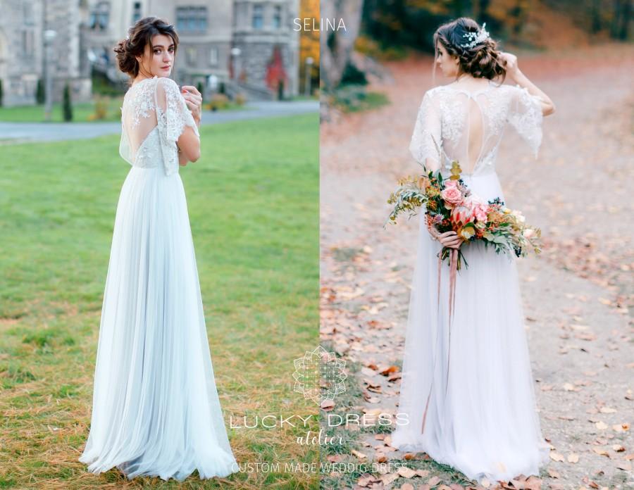 Свадьба - Lace wedding dress blue Victorian bridal gown vintage Tulle wedding dress A-line Illusion bridal gown 3D lace bridal dress Pale blue dress