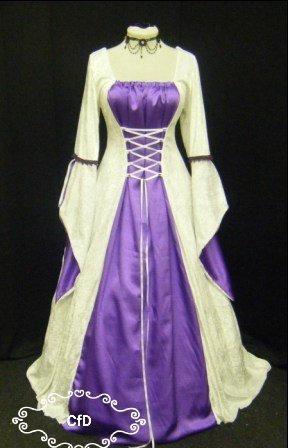 Wedding - Medieval Dress in white with purple satin, handfasting