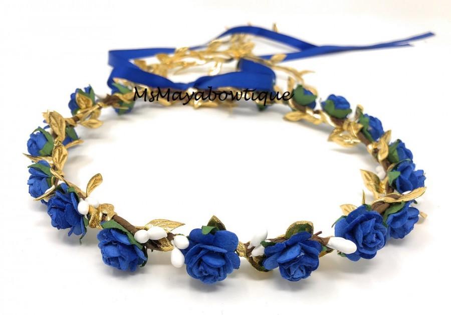 Wedding - Flower crown gold and royal blue, flower girl crown, flower crown adult, royal wreath for hair, bridesmaid flower crown, flower headband