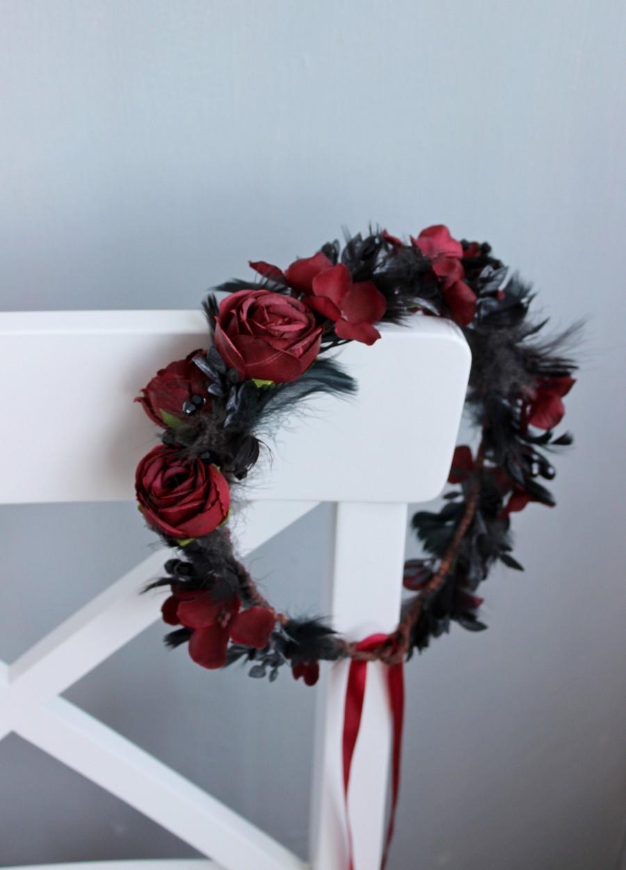 Hochzeit - Gothic wedding flower crown, Burgundy black crown, Wedding floral headpiece