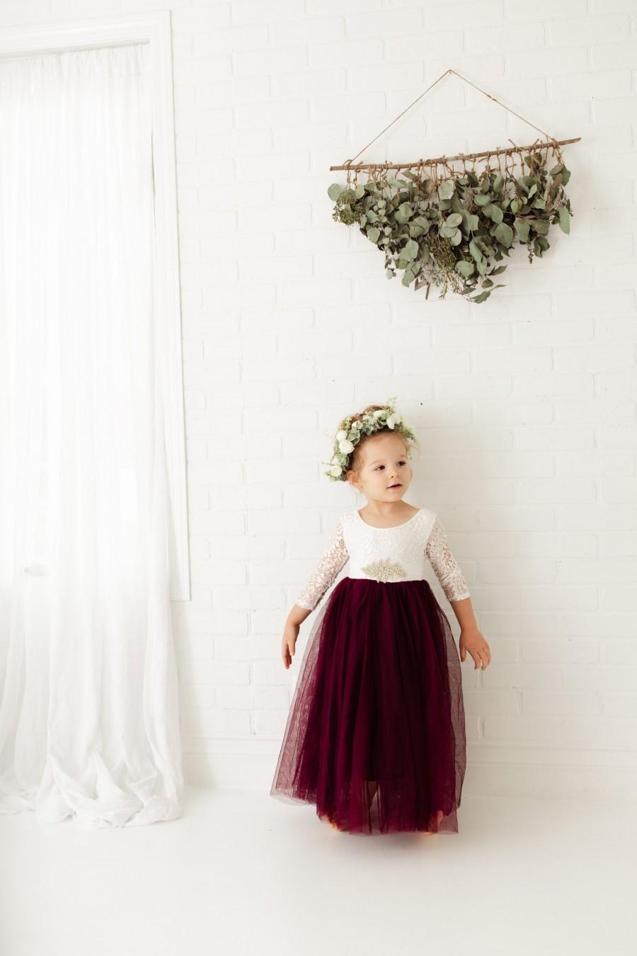 Hochzeit - Wine Tulle Long Dresses, White Lace Flower Girl Dress, Burgundy Ball Gown, Floor Length Dresses