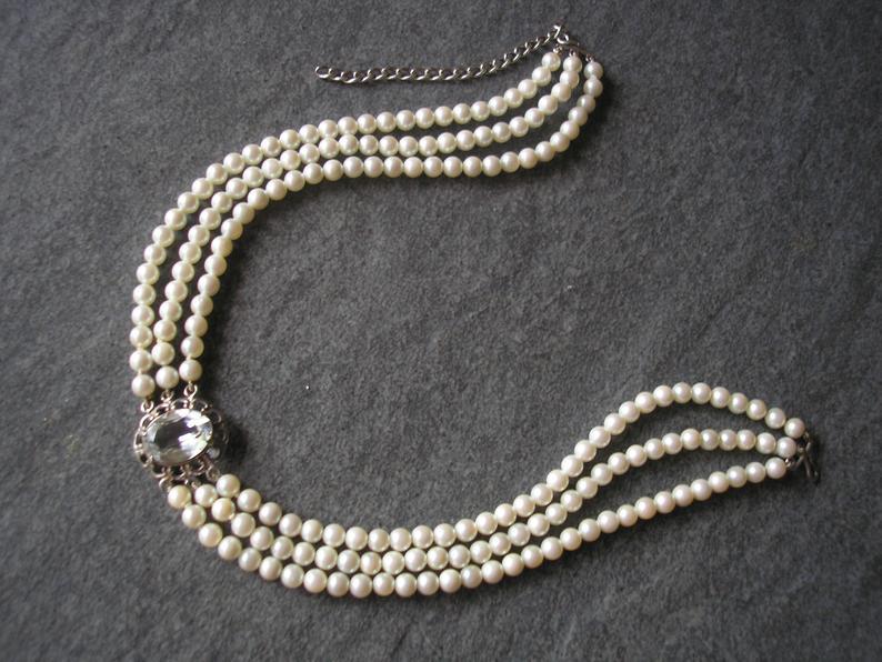 Mariage - Vintage Pearl Choker, Osaki Pearls, Pearl Choker With Faux Diamond Pendant, 3 Strand Pearls, Ivory Pearls, Silver 839, Bridal Pearls