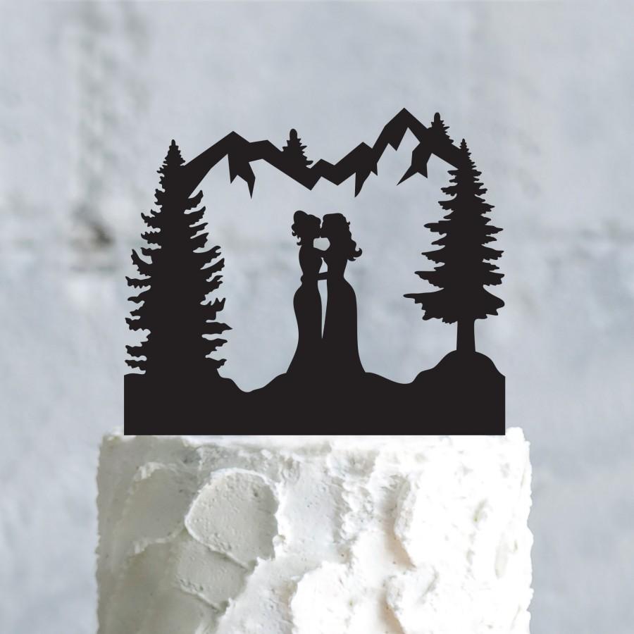 Mariage - Two brides wedding mountain theme lesbian cake topper,Lesbian wedding mountain outdoor cake topper,adventure wedding mrs and mrs topper,a741