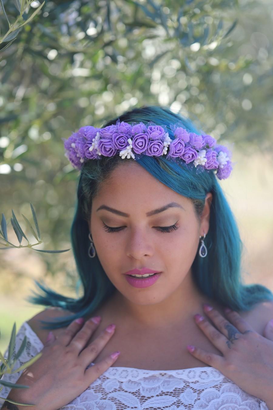 Hochzeit - Purple White Flower Crown , Boho Bridal Headpiece Hair Piece Purple Wedding Headpiece , Flower Bridal Tiara , Bridal Crown, Bohemian Crown,