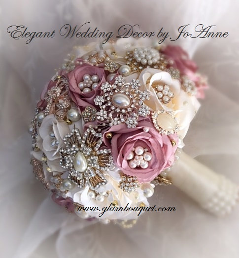 Hochzeit - Dusty Rose Bouquet, Custom Gold Brooch Bouquet, Pink and Ivory Brooch Bouquet, Ivory and Gold Bouquet, DEPOSIT ONLY, Custom