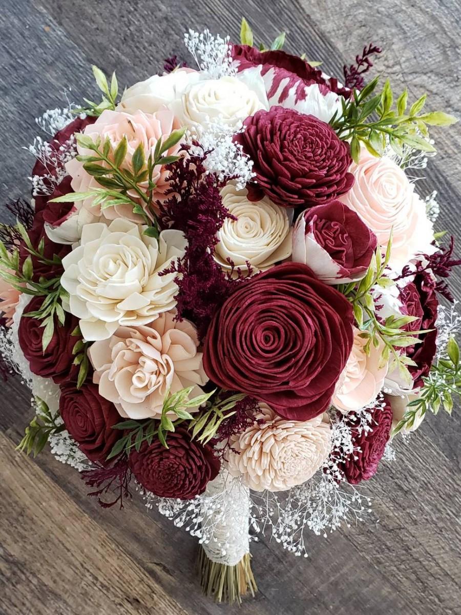 Wedding - Burgundy and blush bouquet,  sola flower bouquet,  wooden wedding flowers,  wine and blush,  English rose bouquet