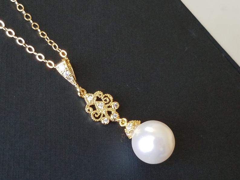 Mariage - Gold Pearl Bridal Necklace, Swarovski White Pearl Drop Wedding Pendant, Gold Pearl Pendant, Wedding Gold Pearl Jewelry, Bridesmaids Necklace