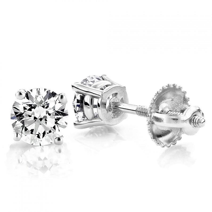 Свадьба - Round Brilliant Diamond Stud Earrings 14K White Gold Sterling Silver Screw Back 1.00Ct Simulated CZ