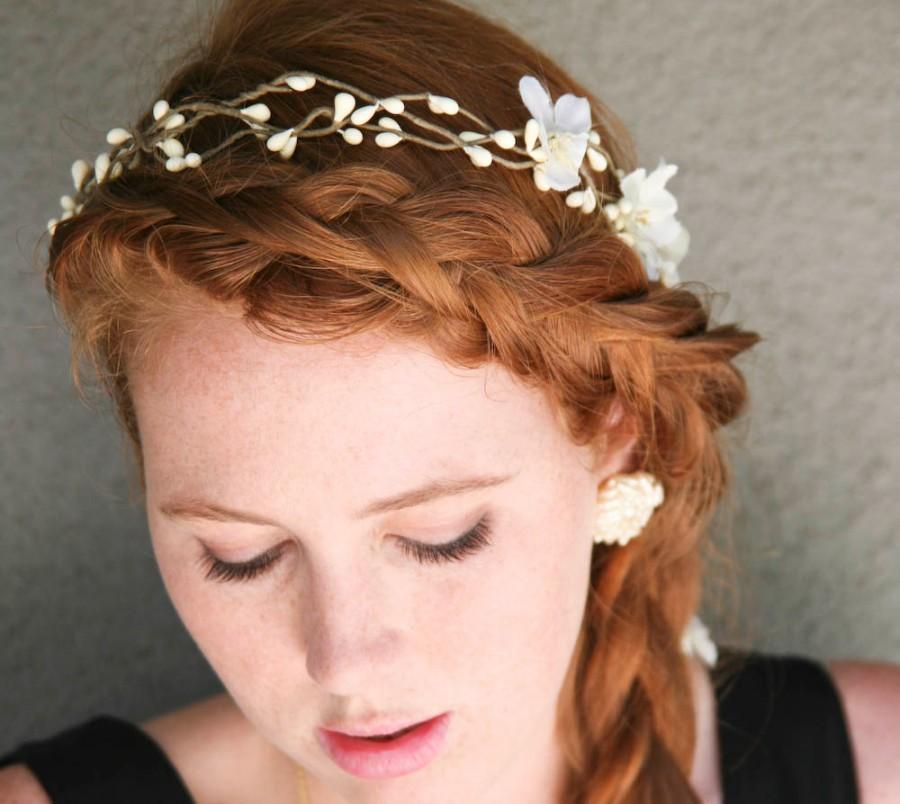 Hochzeit - Woodland Wedding Rustic Bridal Wreath Flower Crown with Ribbon Ties Wedding Headpiece Rustic Wedding Headband Bridesmaid or Flower Girl Hair