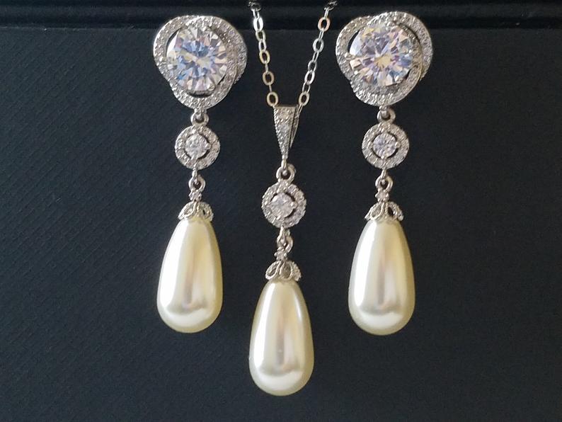 زفاف - Pearl Bridal Jewelry Set, Swarovski Ivory Pearl CZ Earrings Necklace Set, Teardrop Pearl Chandelier Earrings, Single Pearl Silver Pendant