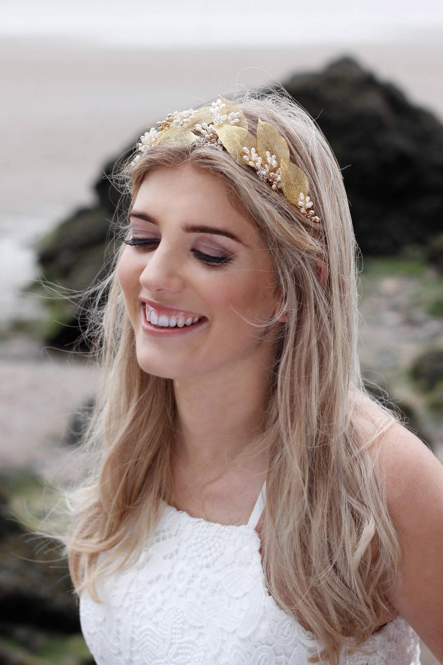 زفاف - Gold leaf crown, gold bridal tiara, bridal flower crown, bridal headdress, bridal headband leaves, wedding hair vine, pearl hair vine