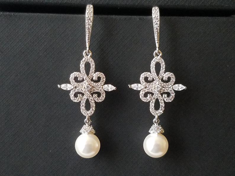 Mariage - Chandelier Pearl Wedding Earrings, White Pearl Bridal Earrings, Swarovski Pearl Silver Earrings, Pearl Dangle Earrings, Statement Earrings