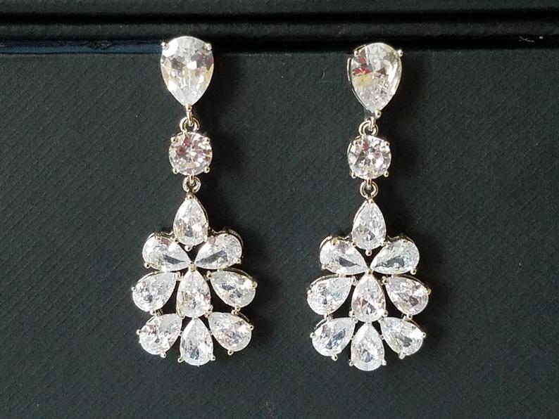 زفاف - Bridal Cubic Zirconia Earrings, Chandelier Crystal Wedding Earrings, Clear CZ Dangle Earrings, Sparkly Silver Earring, Statement Earrings