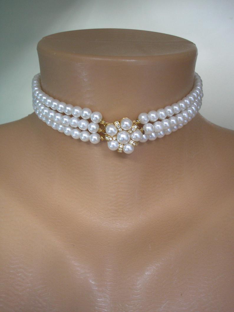 زفاف - Vintage Pearl Choker, White Pearl Choker, 3 Strand Pearls, Bridal Pearls, Cocktail Jewellery, Pearl And Rhinestone, Indian Bridal Choker