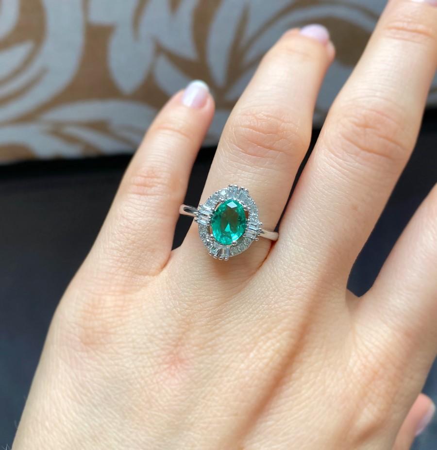 Hochzeit - Emerald Color Engagement Ring, Promise Ring, Vintage Anniversary Ring, Bridal Jewelry, Vintage Jewelry, Gift for Her,  14K White Gold Plated