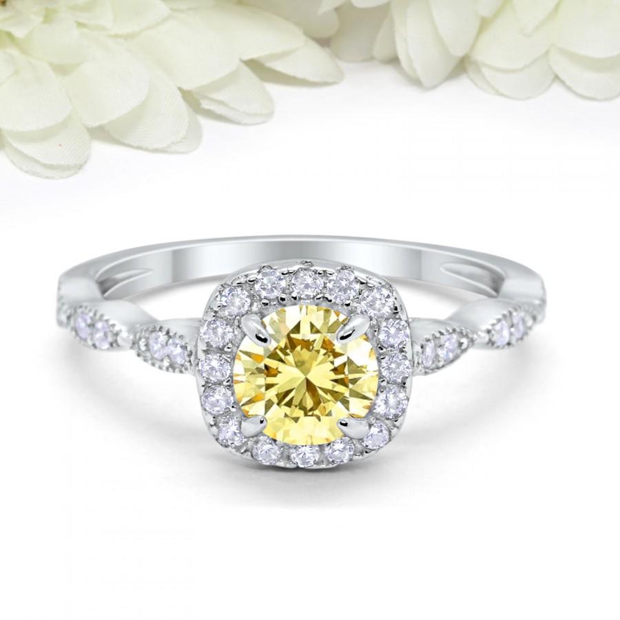 Hochzeit - Art Deco Vintage Wedding Engagement Ring Round 1CT Canary Yellow Diamond CZ Solid 925 Sterling Silver Halo, Bridal Ring Art Deco Ring