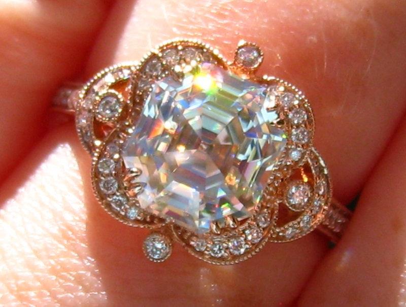زفاف - Josephine Diamond Halo Engagement Ring with Antique Asscher Classique Moissanite, Rose Gold Moissanite Engagement Ring