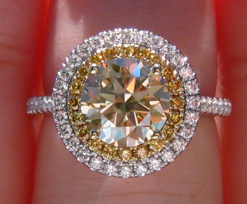 Wedding - Yellow Moissanite Engagement Ring, Canary Yellow Moissanite in Diamond Halo Engagement Ring, Yellow Diamond Engagement Ring