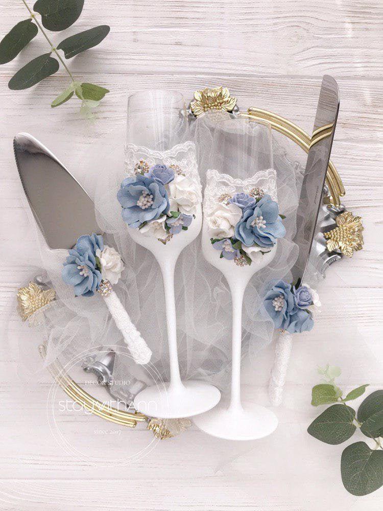 Dusty Blue Champagne Flutes Wedding Bride And Groom Toasting Flutes ...