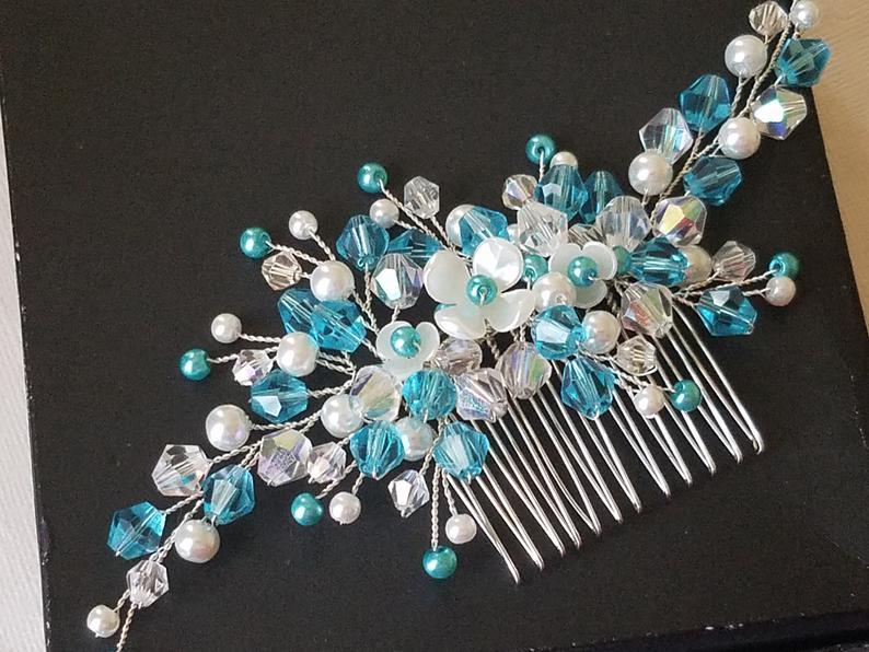 Mariage - Turquoise Blue White Wedding Hair Comb, Teal Crystal Pearl Headpiece, Wedding Turquoise Teal Hair Jewelry, Light Teal Crystal Hair Piece