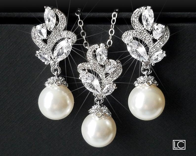 Hochzeit - Pearl Bridal Jewelry Set, Swarovski WHITE or IVORY Pearl Earring&Necklace Set, Wedding Pearl Jewelry Bridal Jewelry Set Pearl CZ Jewelry Set