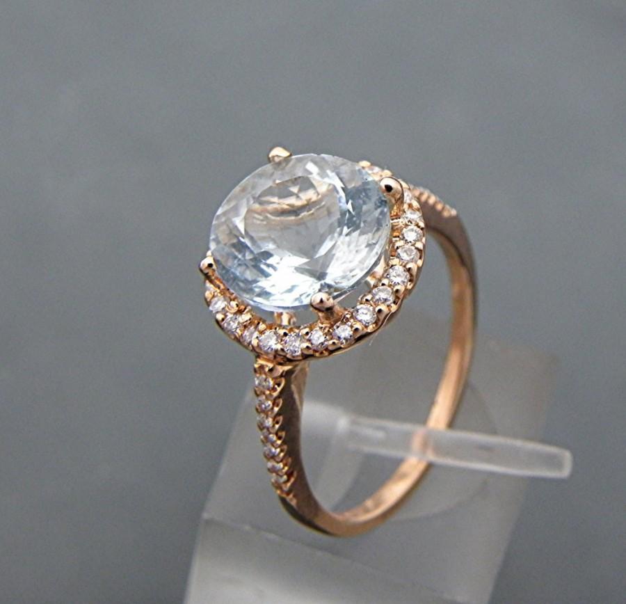 زفاف - AAA Aquamarine Natural Untreated   9.0mm  2.14 Carats   14K Rose gold and diamond Engagement Halo ring 2011R