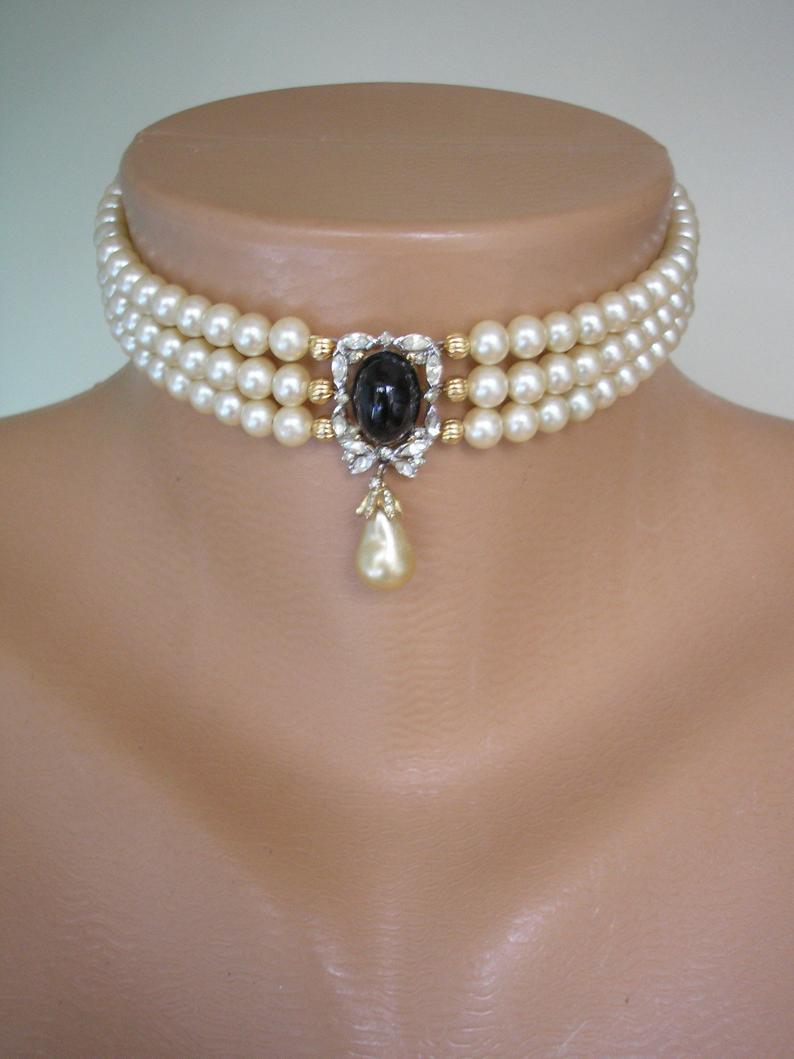 Hochzeit - Vintage Pearl Choker, Attwood and Sawyer Jewelry, Pearl Choker With Black Pendant, Indian Bridal Jewelry, Bridal Choker, Evening Jewellery