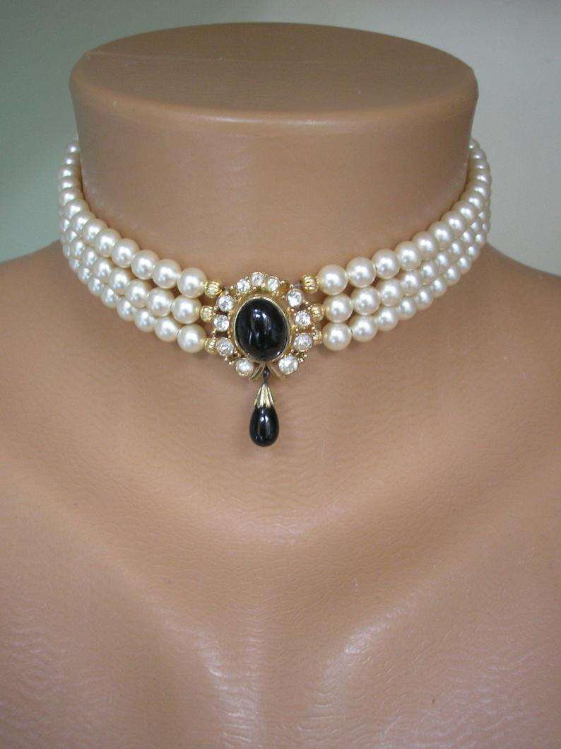 زفاف - Pearl Choker With Black Pendant Signed CIRO, Vintage Pearl Choker, 3 Strand Pearls, Cream Pearls, Christmas Gift For Her, Party Necklace