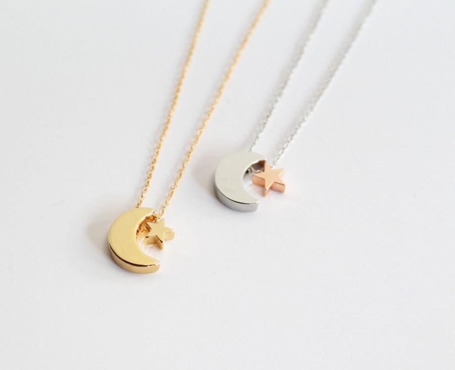 زفاف - Star And Moon Necklace, 14K Gold Filled Chain/Sterling Silver Chain, Crescent Moon and Star, Adjustable Length, Fast Shipping, Wedding