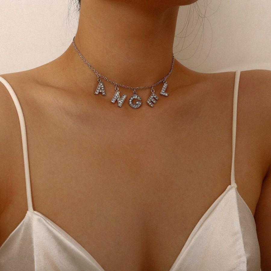 Hochzeit - Dainty Silver Tone Crystal Inlaid ANGEL Letter Choker Necklace