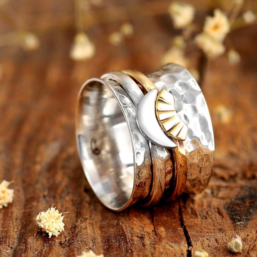 زفاف - Sun and Moon Spinner Ring, Sterling Silver Ring for Women, Celestial Jewelry, Meditation Wide Band, Worry Fidget jewelry