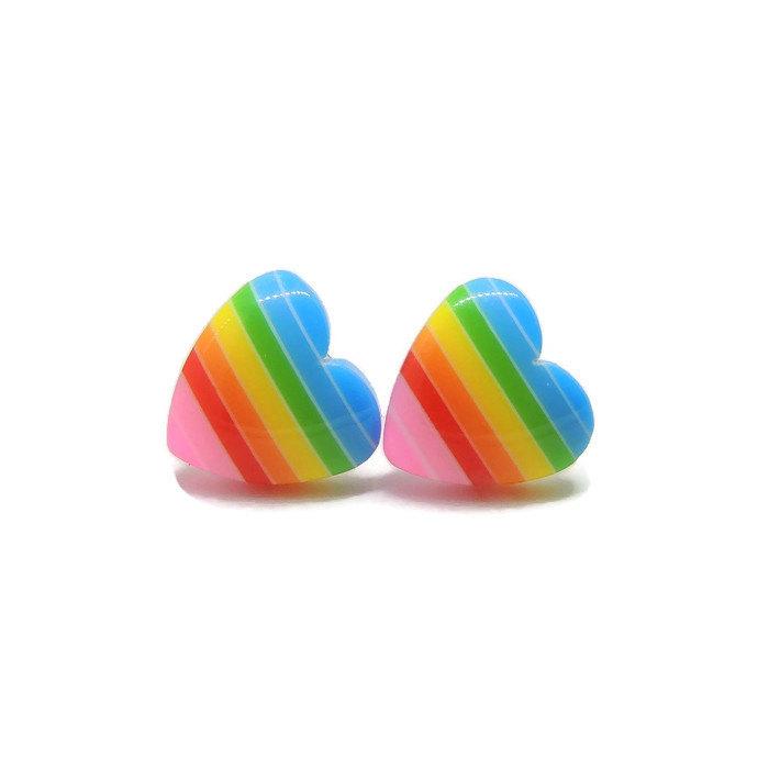 زفاف - Metal Free Plastic Post Rainbow Heart Earrings for Sensitive Ears, Pretty Smart Nickle Free Hypoallergenic Stud Earrings